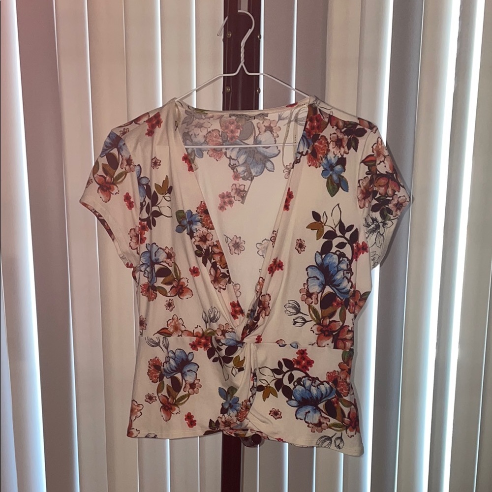 Floral Wrap Top - Cream with Blue and Red Accents